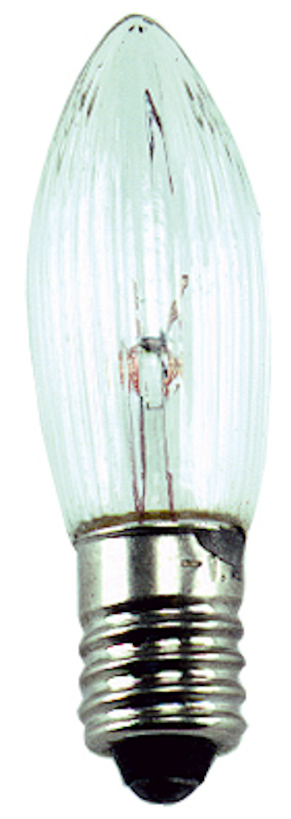 En genomskinlig glödlampa med metallisk sockel och en spetsig, droppformad glaskupa.