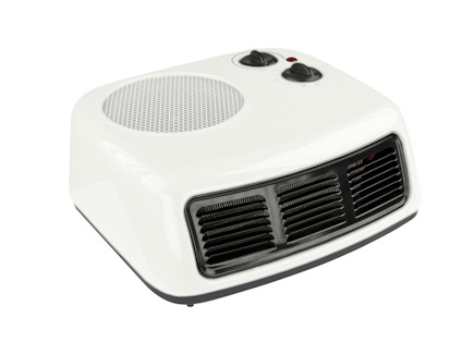 Vit värmefläkt med rattar för temperatur och effekt samt ventilationsgaller framtill.