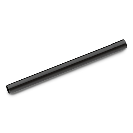 Svart, cylindriskt rör med slät yta, liggande diagonalt på en vit bakgrund.
