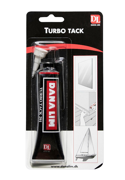 Förpackning av Dana Lim Turbo Tack 291 med röd och svart tub samt illustrationsbilder av applikationer.