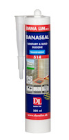 Patron med våtrumssilikon från Dana Lim, etikett visar produktinformation och applikationsbilder.