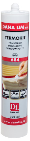 Vit cylinderformad tub med rött och vitt etikett, märkt "DANA LIM A/S", "TERMOKITT" och "684", 300 ml.