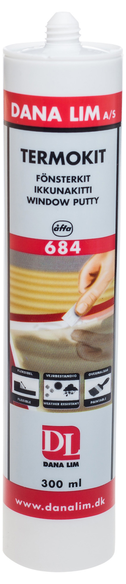 Vit cylinderformad tub med rött och vitt etikett, märkt "DANA LIM A/S", "TERMOKITT" och "684", 300 ml.