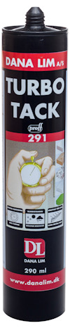 Patron med texten "Turbo Tack 291" och "Dana Lim A/S". Svart bakgrund med röd och vit text.