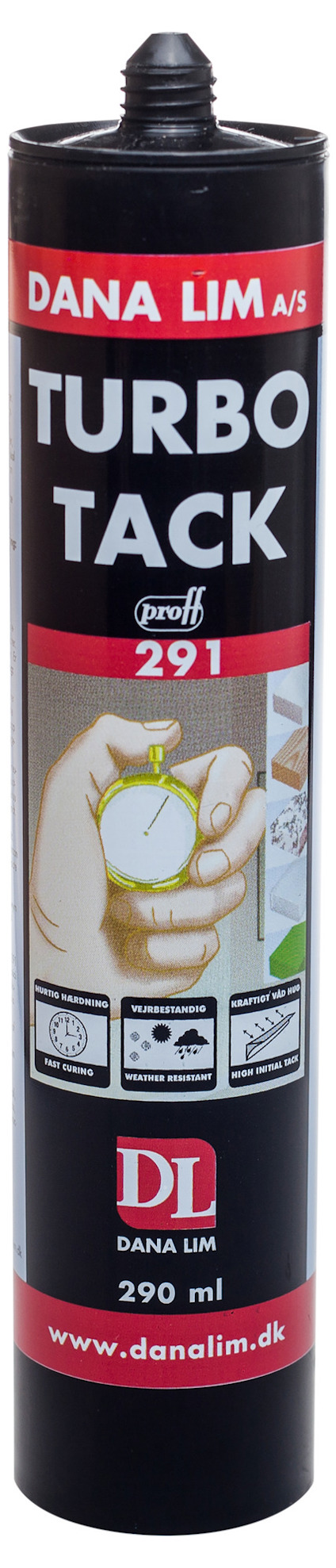 Patron med texten "Turbo Tack 291" och "Dana Lim A/S". Svart bakgrund med röd och vit text.