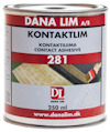 Förpackning av Dana Lim kontaktlim 281 med text på flera språk och bild av applicerat lim.