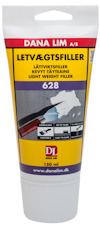 Vit tub med etiketttext: "Dana Lim 628 Lättviktsfiller". Innehåller logotyp och illustrering av applicering.