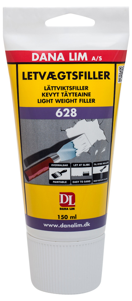 Vit tub med etiketttext: "Dana Lim 628 Lättviktsfiller". Innehåller logotyp och illustrering av applicering.