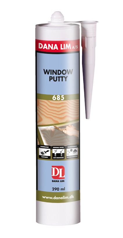 Tub med DANA LIM WINDOW PUTTY 685, vit färg, kapacitet 290 ml, med appliceringsmunstycke.