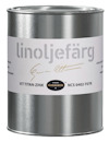 Burk med etiketten "linoljefärg" och texten "VIT TITAN-ZINK NCS 0402-Y07R".