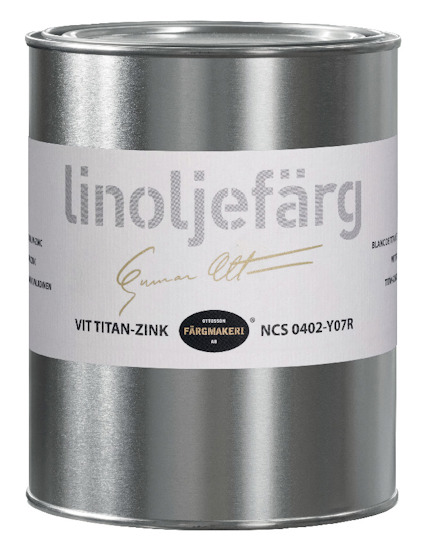 Burk med etiketten "linoljefärg" och texten "VIT TITAN-ZINK NCS 0402-Y07R".