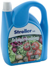 Blå plastbehållare med texten "Stroller blå Trädgårdsnäring", bild av grönsaker på etiketten, 2,5 liter.