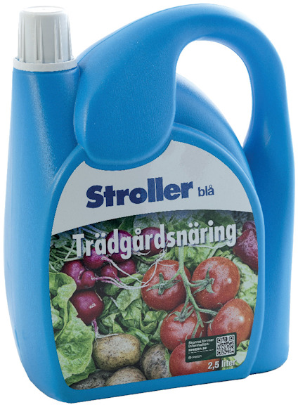 Blå plastbehållare med texten "Stroller blå Trädgårdsnäring", bild av grönsaker på etiketten, 2,5 liter.