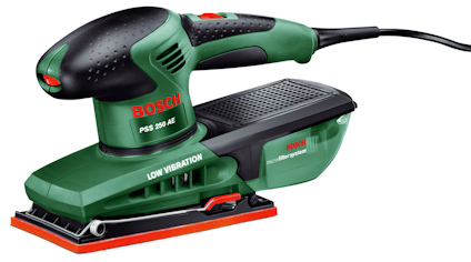 Grön och svart elektrisk slipmaskin från Bosch, modell PSS 250 AE, Low Vibration.