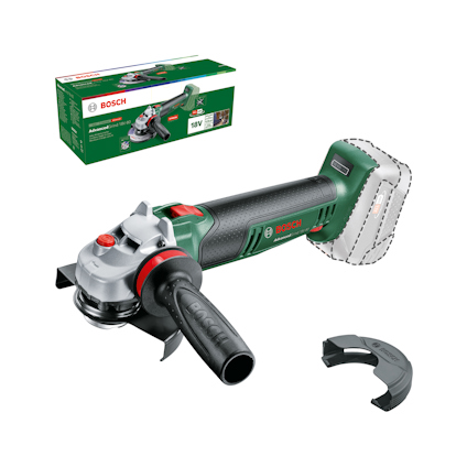 Vinkelslipmaskin med grönt och svart handtag, Bosch-märke. Batteriområde markerat. Förpackning i bakgrunden.