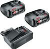 Två svarta batterier med texten "Bosch 18V 2.5 Ah" och en laddare med sladd.