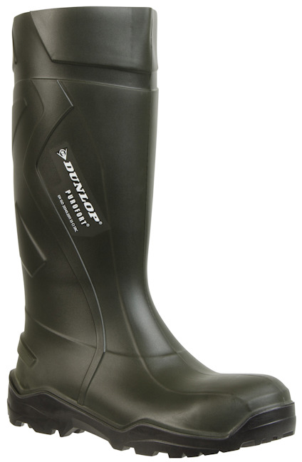 Grön gummistövel med förstärkt tå och texten "Dunlop Purofort+ Rugged".