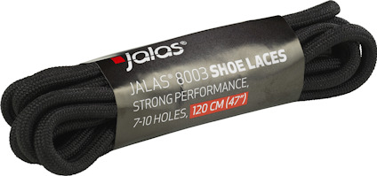 Svarta skosnören, 120 cm (47"), etikett med texten "Jalas® 8003 Shoe Laces, Strong Performance, 7-10 Holes".