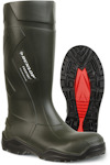 Grön skyddsstövel med hög skaft och svart sula med röd detalj. Text "DUNLOP PRICEMASTOR" synlig på sidan av stöveln.