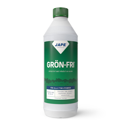 Vit plastflaska märkt "JAPE GRÖN-FRI" med grön etikett, avsedd för utomhusytor.