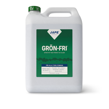 Grön plastdunk med etiketten "Jape Grön-Fri" och grön skruvkork, innehåller text om användning mot alger.