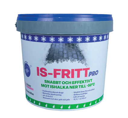 Behållare med etikett: "IS-FRITT PRO, SNABBT OCH EFFEKTIVT MOT ISHALKA NER TILL -50°C".