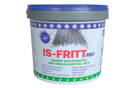 Is-smältmedel i plastbehållare, märkt "IS-FRITT PRO", med bilder på stengång och information om användning i kyla.