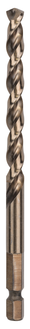 Metallborr med spiraldesign och sexkantsskaft på vit bakgrund.