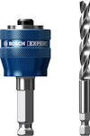 Blå Bosch Expert borrchuck med tillhörande metallborr, båda med sexkantsfäste.