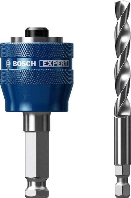 Blå Bosch Expert borrchuck med tillhörande metallborr, båda med sexkantsfäste.