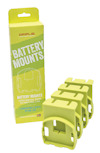 Gula batterifästen och en förpackning med texten "Griplis Battery Mounts, Compatible with Ryobi 18V, Made in Sweden".
