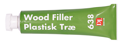 Grön tub med texten "Wood Filler Plastisk Træ 638 DL".