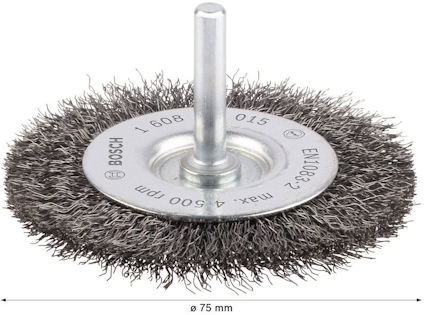 Stålborste med skaft för borrmaskin, diameter 75 mm, märkt Bosch och andra specifikationer.