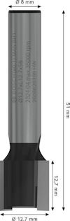 Stålborr med specifikationer: 51 mm lång, 12,7 mm bredd vid basen, skaftdiameter 8 mm. Text på skaftet.