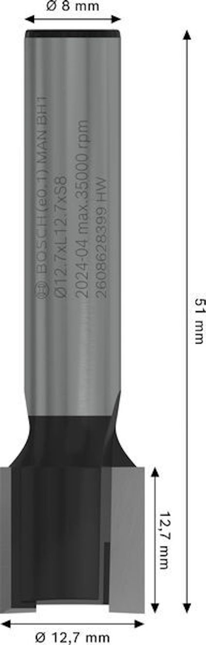 Stålborr med specifikationer: 51 mm lång, 12,7 mm bredd vid basen, skaftdiameter 8 mm. Text på skaftet.