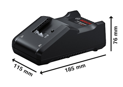 Svart batteriladdare med Bosch-logga, storlek 185x115x76 mm.