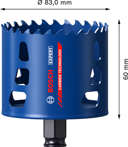 Blå hålsåg från Bosch, 83 mm diameter, 60 mm djup. Märkt med "Expert" och "Carbide Technology".