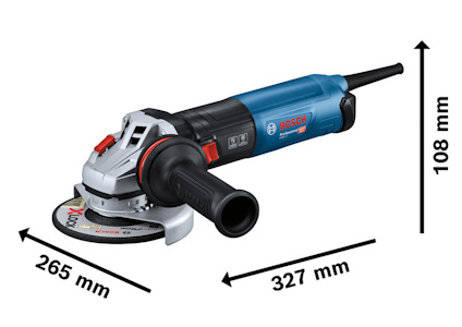 Vinkelslip med Bosch-logotyp, måttangivelser 327 mm x 108 mm x 265 mm.