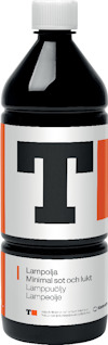 Flaska med lampolja, etikett med stor bokstav "T", text på svenska om minimal sot och lukt.