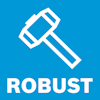 Bild av en vit hammare på blå bakgrund med texten "ROBUST" i vitt under hammaren.