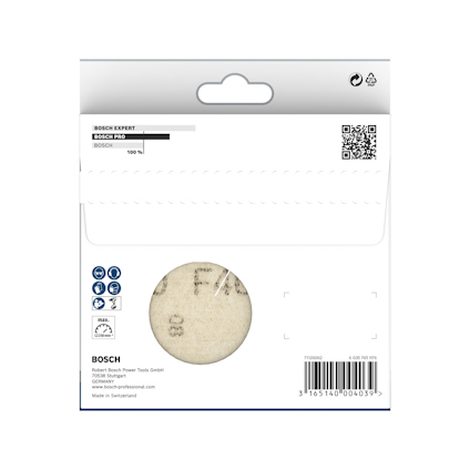 Förpackning av Bosch polerduk med QR-kod och produktinformation, streckkod 3165140004039. Tillverkad i Schweiz.