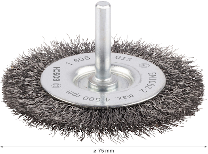 Stålborste med cirkulär borst och central axel, diameter 75 mm, märkt med "Bosch" och specifikationer.