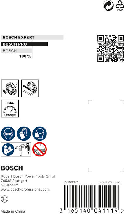Förpackning med Bosch-logotyp och symboler för säkerhetsanvisningar, QR-kod och streckkod.