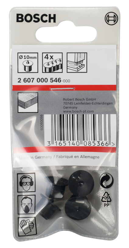 Förpackning med Bosch skruvar, artikelnummer 2 607 000 546, innehåller 4 st, för diameter Ø10mm. Streckkod och illustrationer synliga.