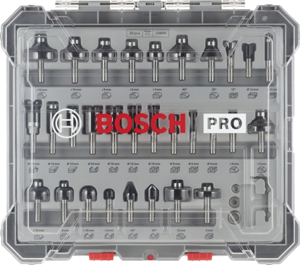 Borrbitsats från BOSCH PRO med 30 delar i ett transparent plastfodral.