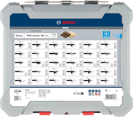 Grå förpackning med text "Bosch PRO Router Bit Set 30 pcs" och illustrationer av olika frässtål.