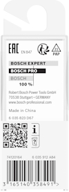 Förpackning med Bosch Expert och Bosch Pro, streckkod och QR-kod. Text: "Made in China, www.bosch-professional.com".