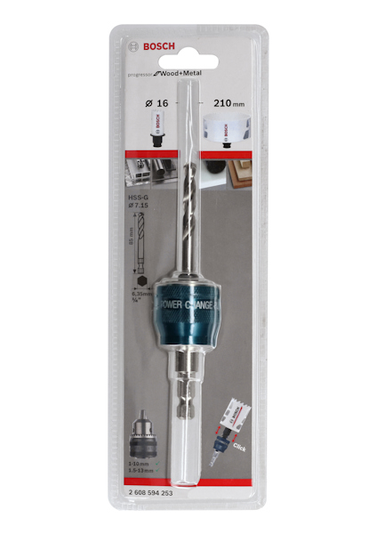 Förpackad Bosch hålsågadapter för trä och metall, märkning Ø16 och 210 mm.