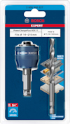 Förpackning innehållande Bosch Expert PowerChangePlus HEX11 snabbfäste och borr HSS-G 8,7 x 105 mm.