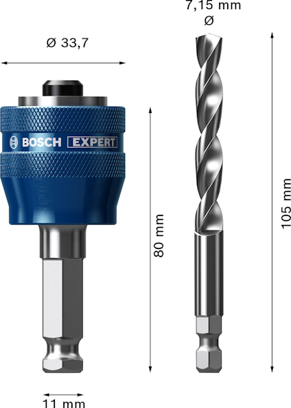 Borr med mått: längd 105 mm, diameter 7,15 mm. Borrhållare: längd 80 mm, diameter 33,7 mm. Märkt "Bosch Expert".
